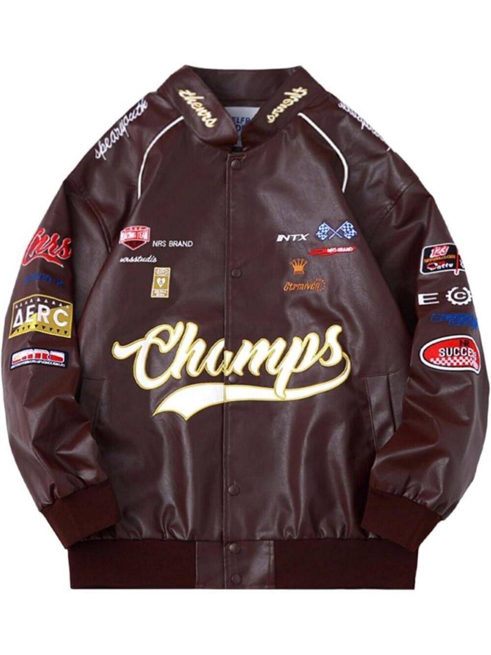 Women's Brown Faux Leather Racing Jacket Oversized Motorcycle Biker Racer Jacket